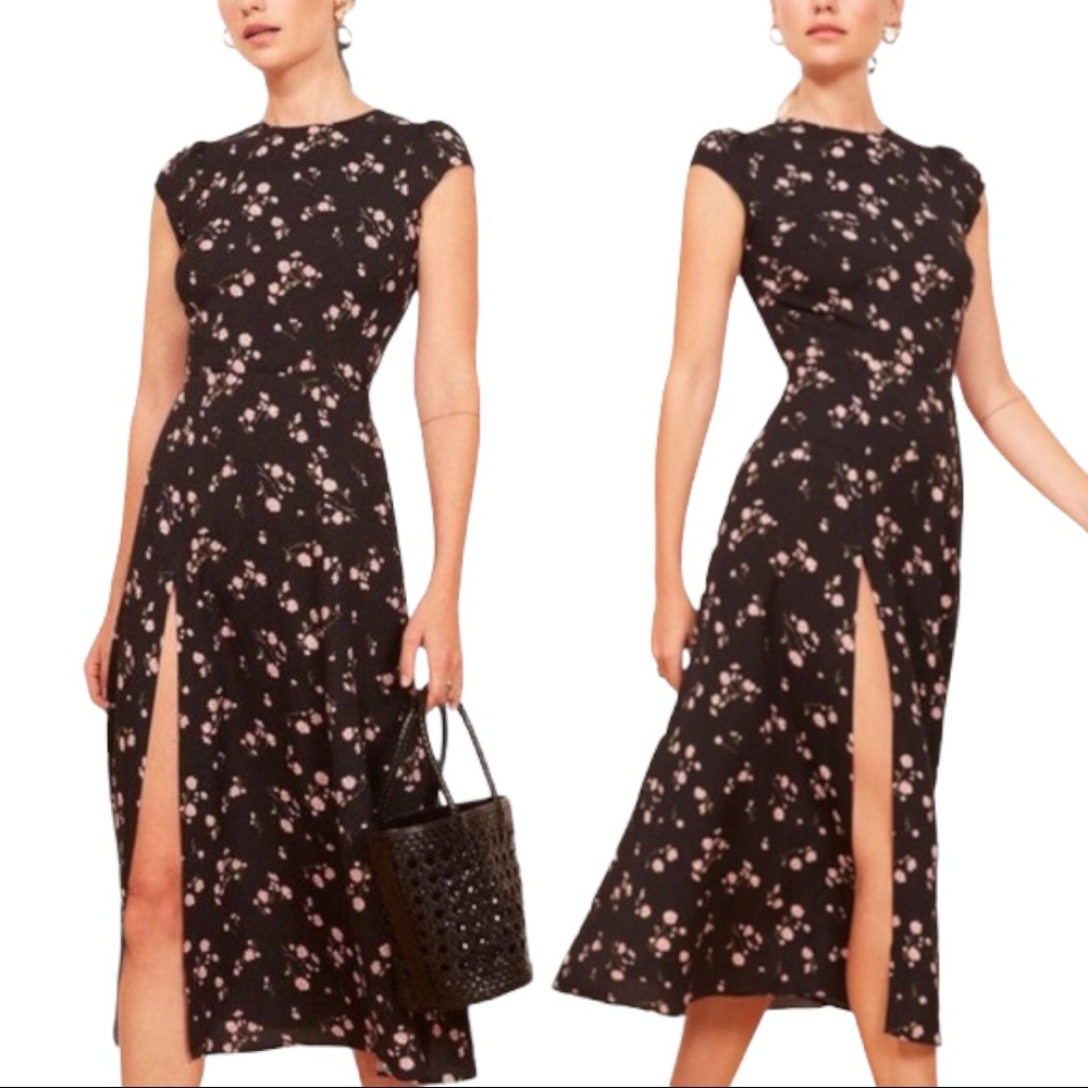 Reformation Black and Pink Sheath Midi Dress with Slit